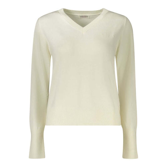 Guess Jeans White Wool Sweater featuring long sleeves, V-neck design, and embroidered logo