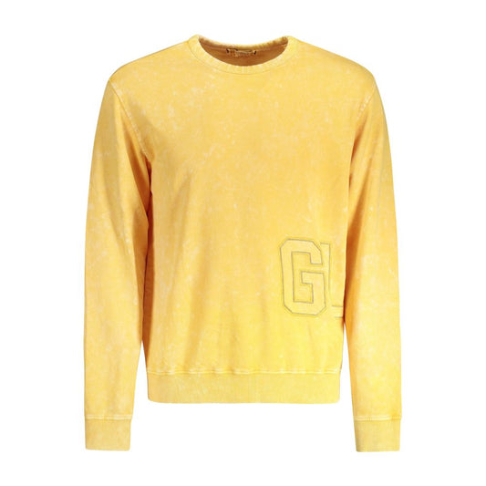 Guess Jeans Yellow Cotton Men Sweater with embroidered logo and washed effect, long sleeves, and crew neck for stylish comfort.