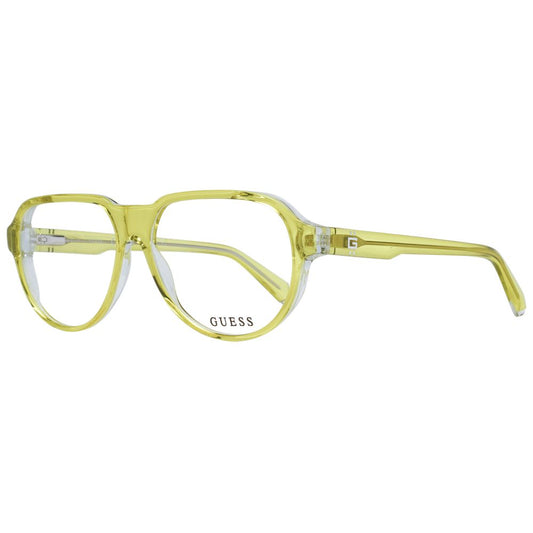 Guess Yellow Men Glasses Frame, full-rim aviator style, yellow plastic frame, 56-14-145, spring hinge, includes branded case.