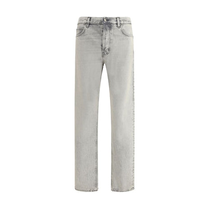 Haikure Light Blue Cotton Straight-Leg Jeans featuring five-pocket design, rivets, custom buttons, and zip closure, 100% cotton.