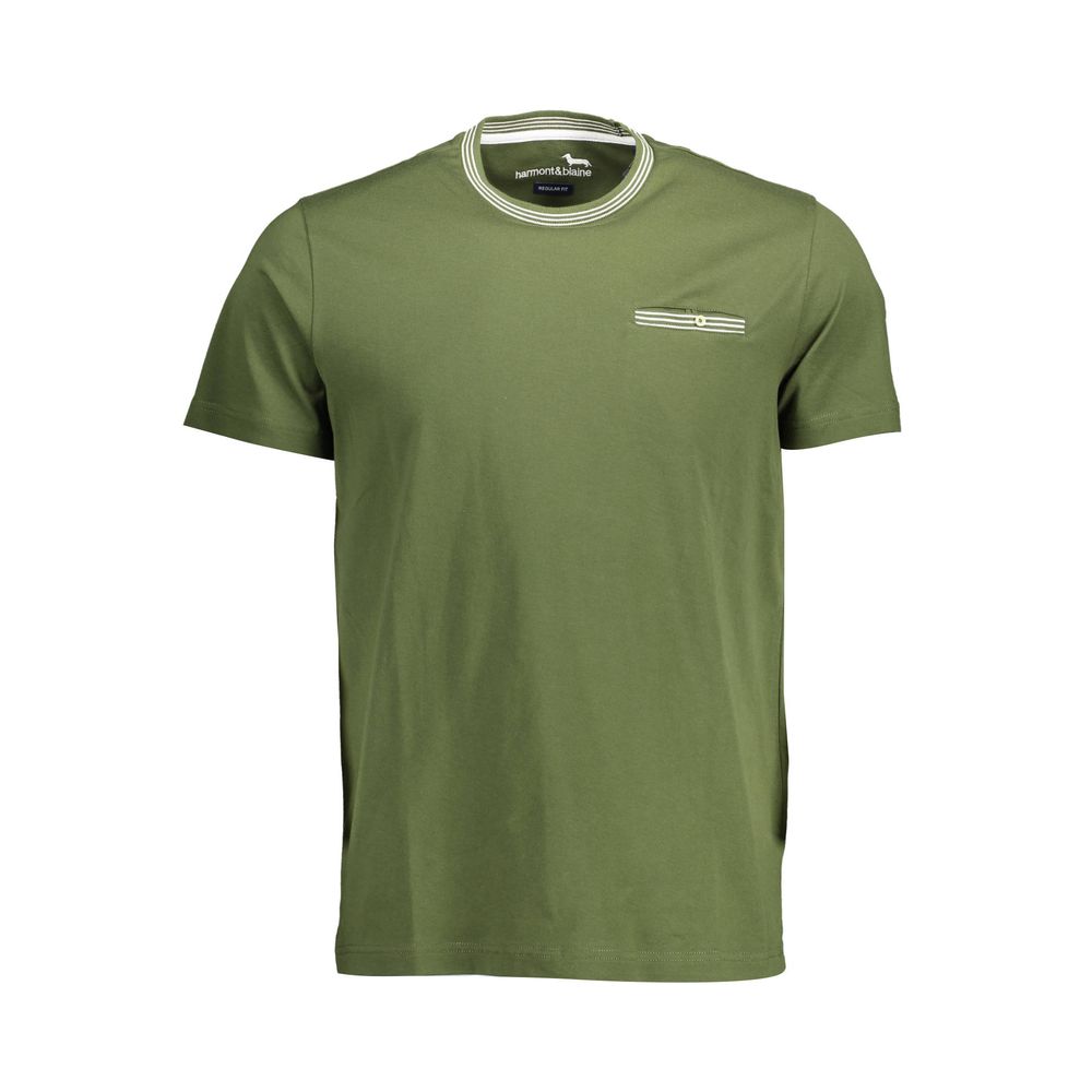 Harmont & Blaine Green Cotton Men T-Shirt with contrasting details, signature pocket, and logo, perfect for a bold and stylish look.