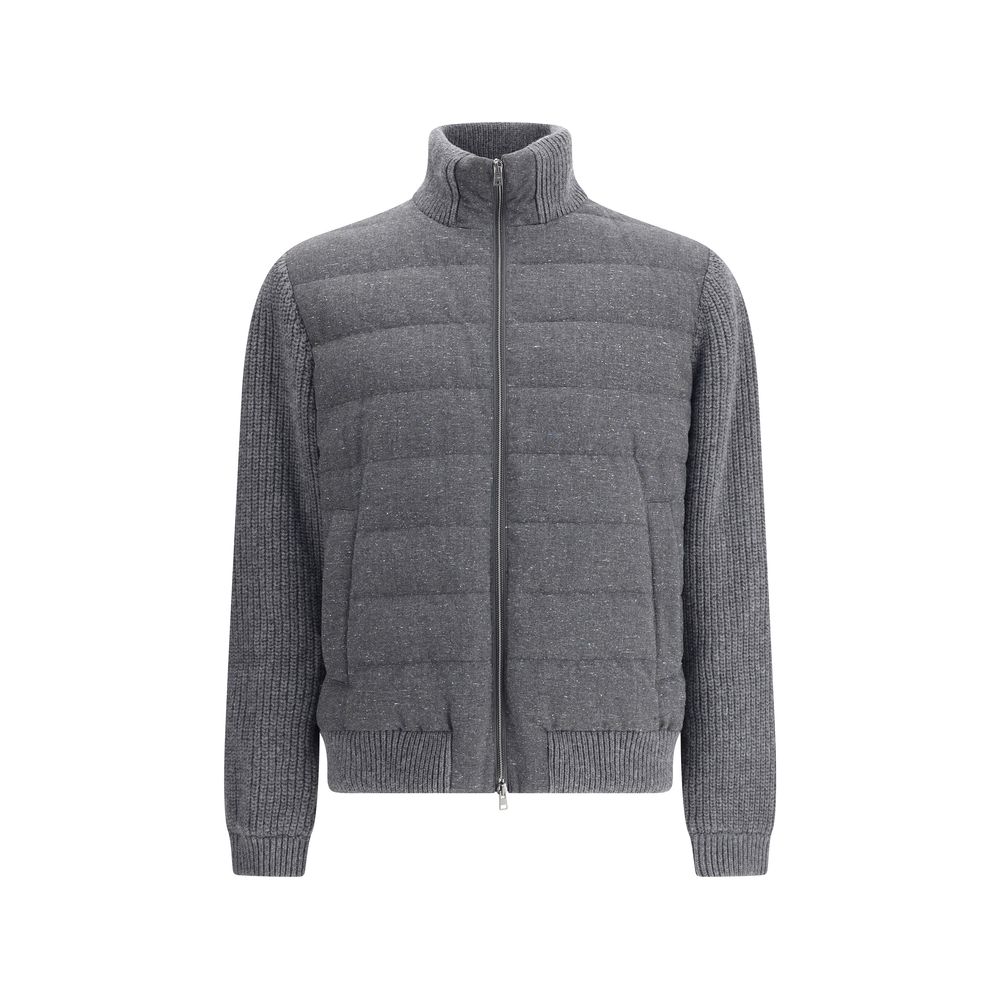Herno Gray Wool Bomber with mélange pattern, high collar, double zipper, ribbed sleeves and hem for stylish, warm wear.