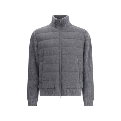 Herno Gray Wool Bomber with mélange pattern, high collar, double zipper, ribbed sleeves and hem for stylish, warm wear.