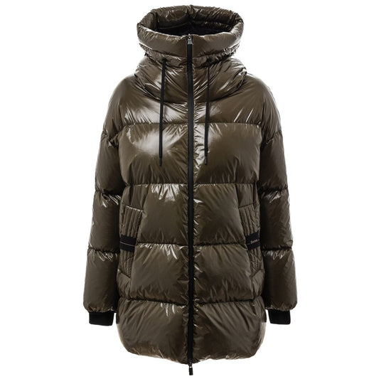 Herno Green Polyamide Parka with hood, zipper closure, and side pockets. Warm, padded, dark green down jacket.