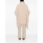 Herno Jackets Powder beige wool-cashmere blend cape with fringed edge, quilted panels, and high drawstring neck back view.