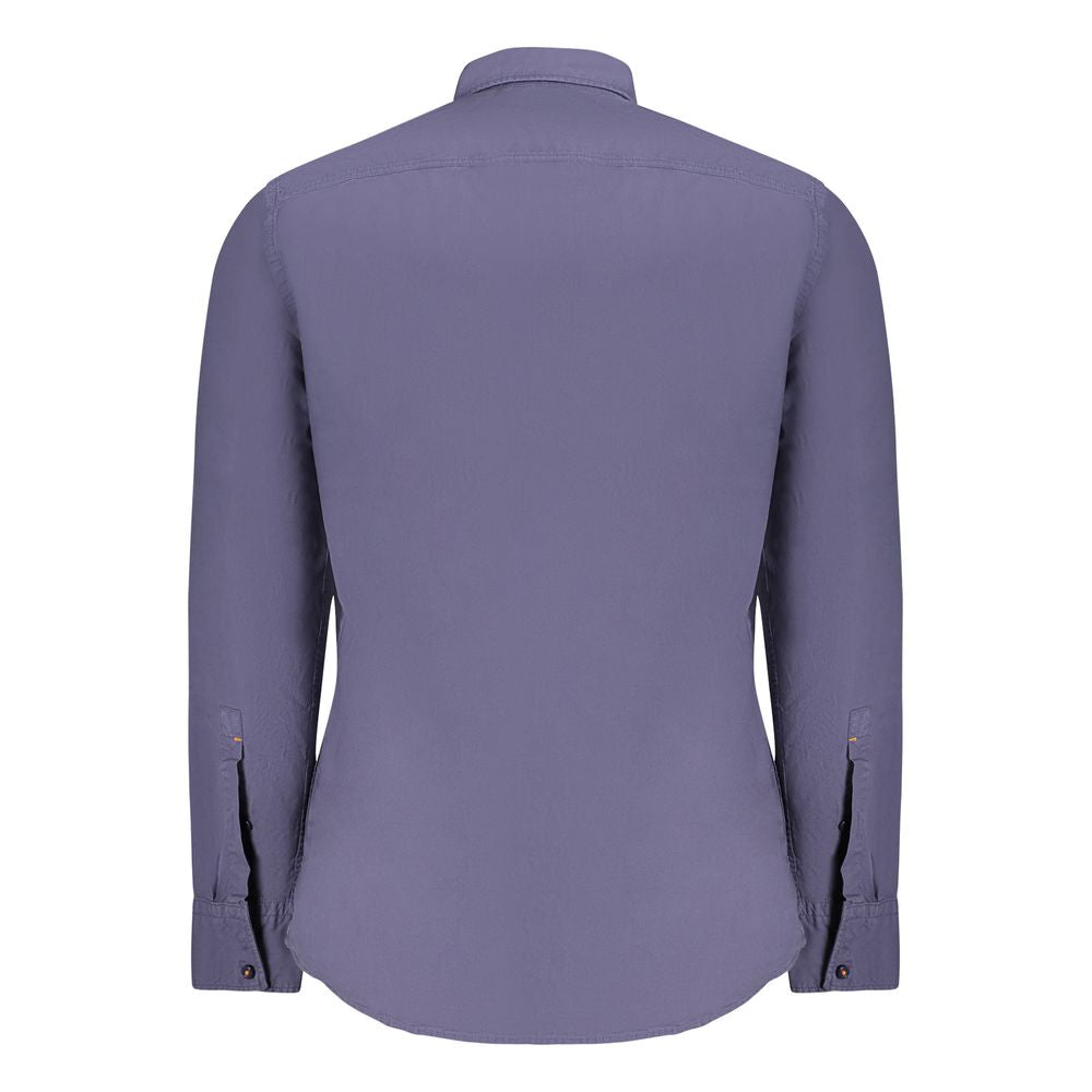 Back view of Hugo Boss Blue Cotton Men Shirt with Italian collar and 1-button cuffs, showcasing its sleek design and subtle embroidery.
