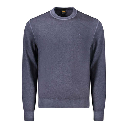 Hugo Boss Blue Wool Sweater, long-sleeved, crew neck with logo embroidery.