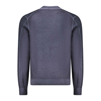 Hugo Boss Blue Wool Sweater, long-sleeved crew neck with embroidery and logo, back view