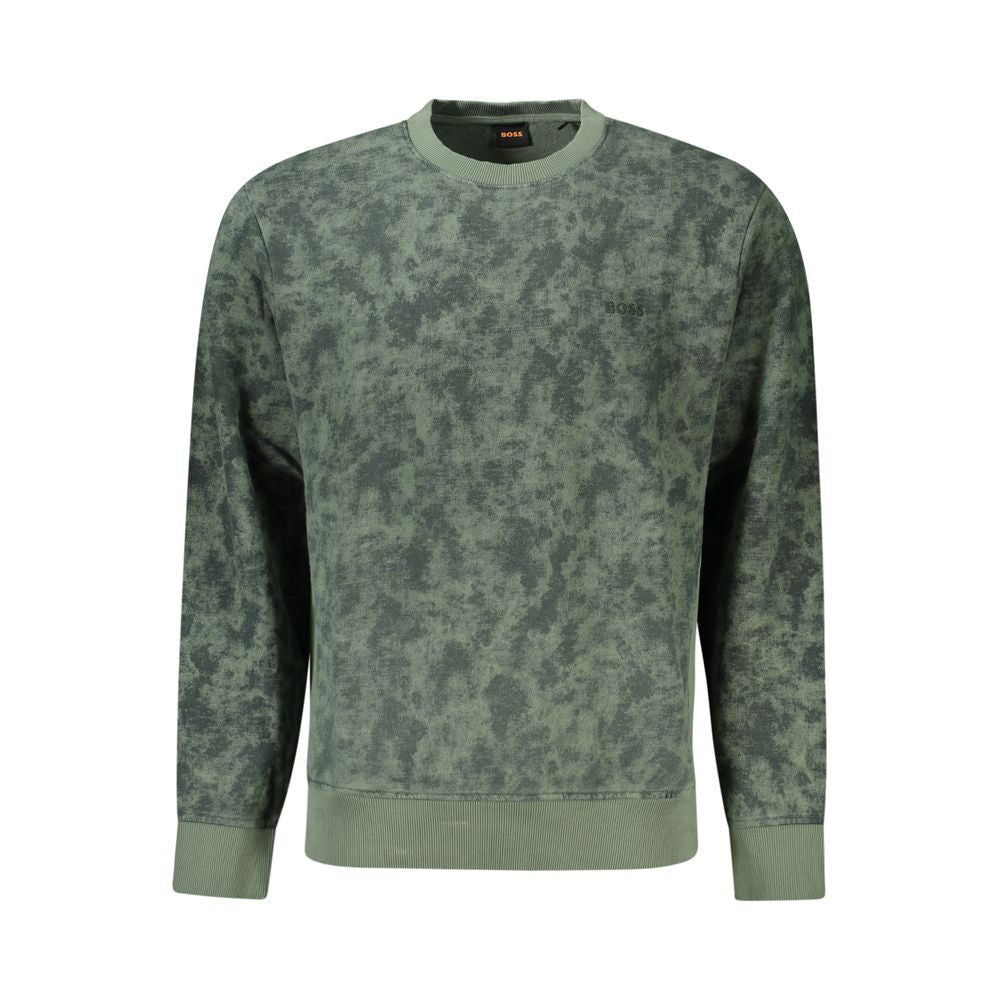 Hugo Boss Green Cotton Men Sweater, crew neck, brushed texture, iconic logo, elegant green hue, comfortable casual wear.