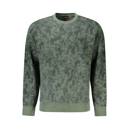 Hugo Boss Green Cotton Men Sweater, crew neck, brushed texture, iconic logo, elegant green hue, comfortable casual wear.