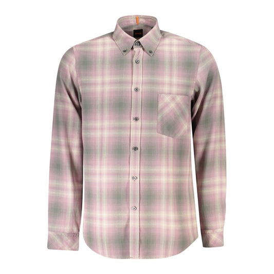 Hugo Boss Pink Cotton Men Shirt with long sleeves, classic button-down collar, and single-button cuffs. Features distinct branded buttons.