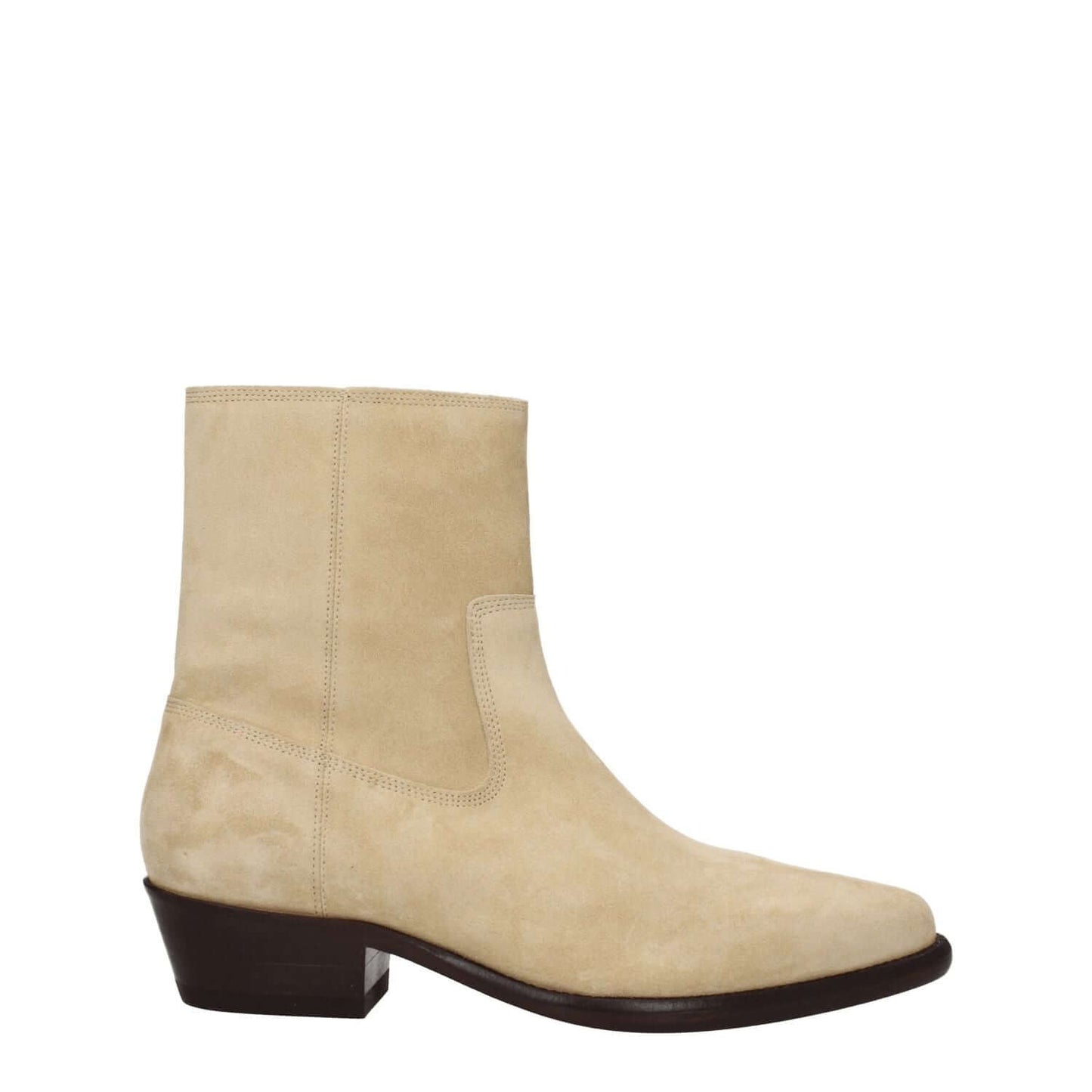 Isabel Marant Beige Leather Ankle Boots with suede finish, zip closure, leather sole, mid heels, and pointy toe design.