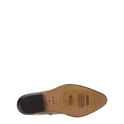 Sole of Isabel Marant Beige Leather Ankle Boots with pointy toe and mid heel, featuring suede and leather materials.