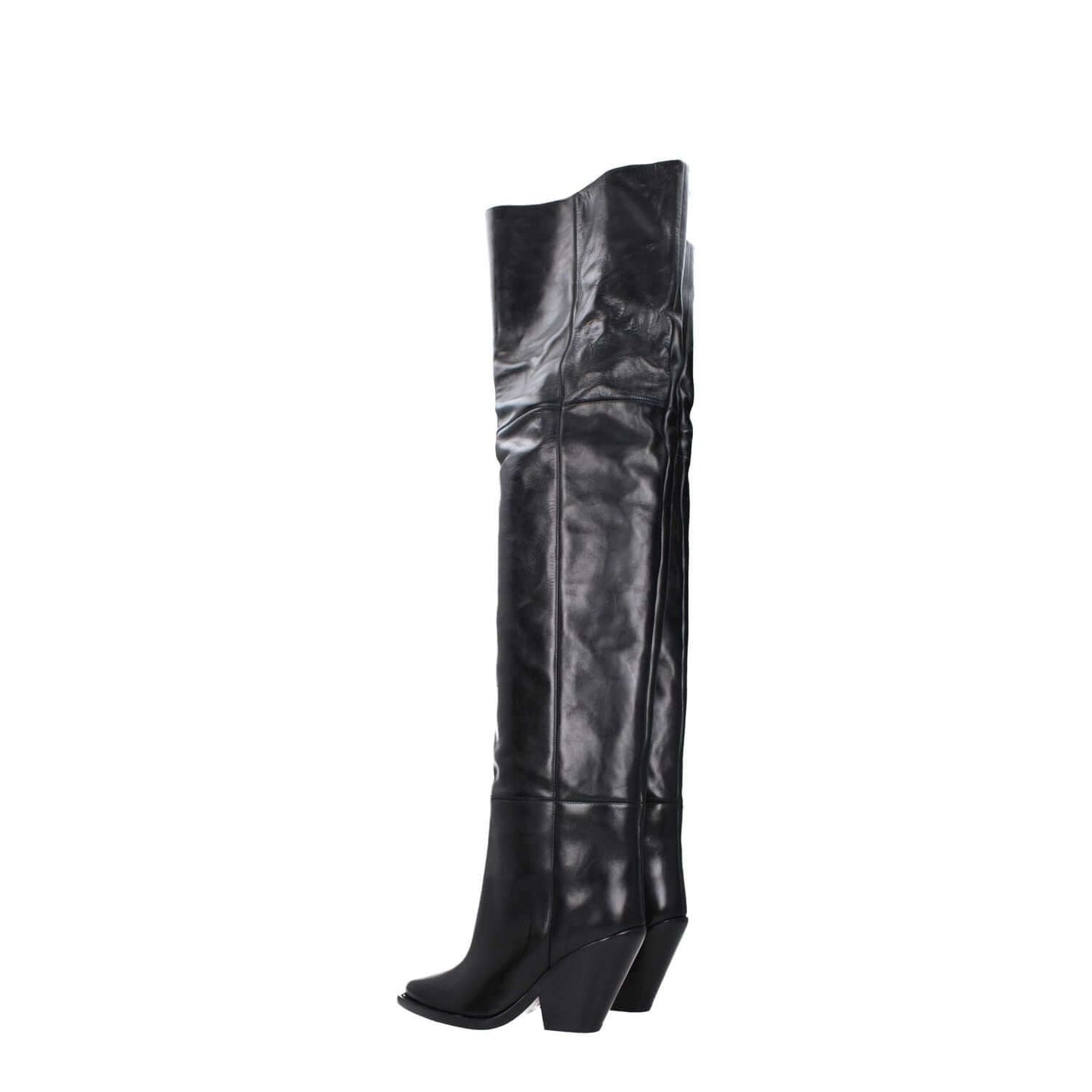 Isabel Marant Black Leather Over The Knee boots featuring high heel, square toe design with leather sole.