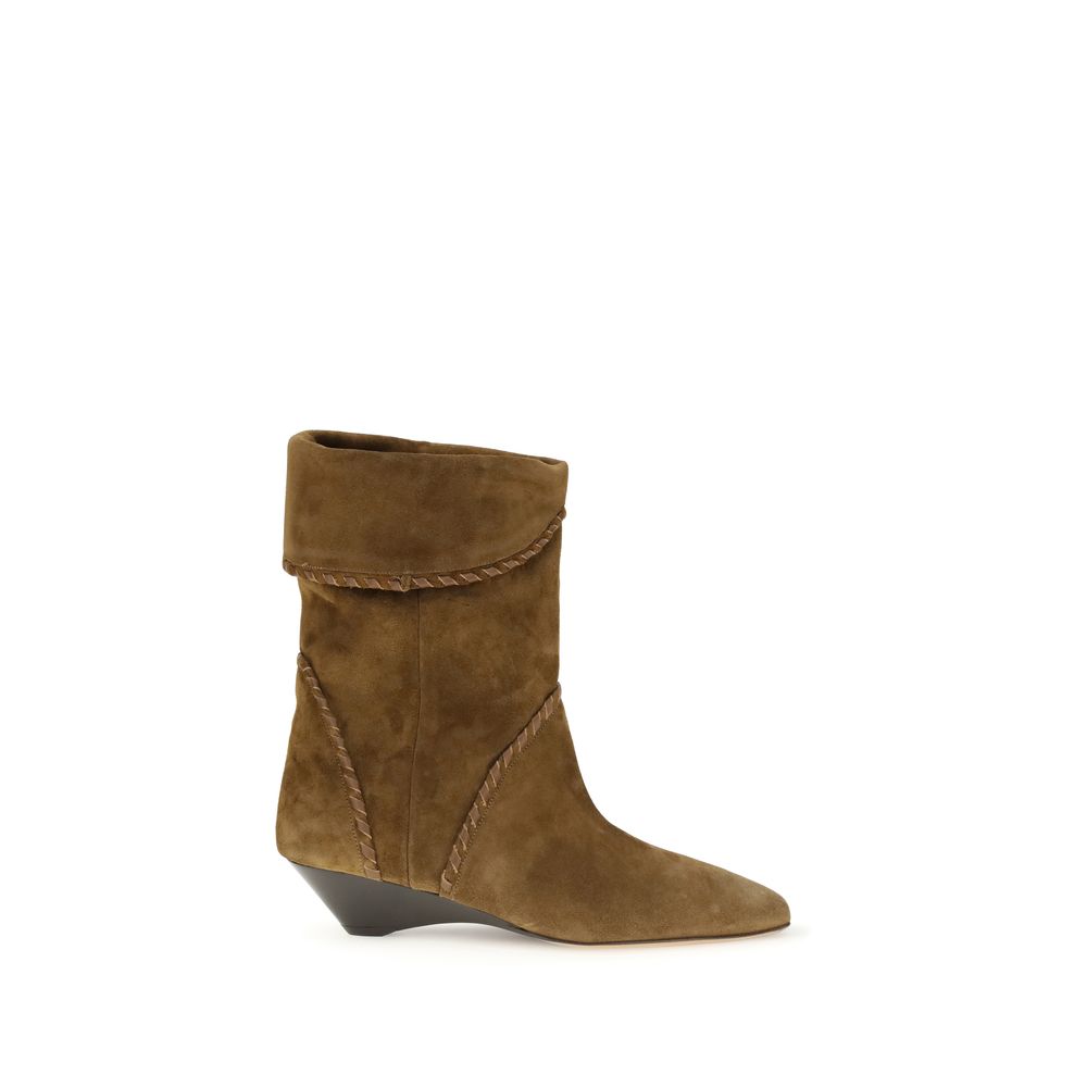Isabel Marant Brown Calf Leather Bos Taurus Flat Boots with cuffed suede upper, woven trim, pointed toe, and platform heel.