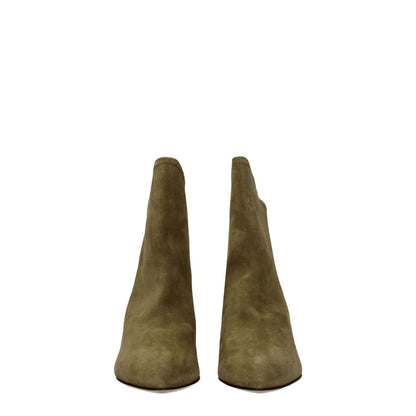 Front view of Isabel Marant Gray Leather Ankle Boots with suede upper and pointy toe design.