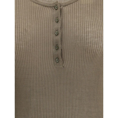 Isabel Marant Green Cotton Top with ribbed texture and button closure, long sleeve design for stylish everyday wear.
