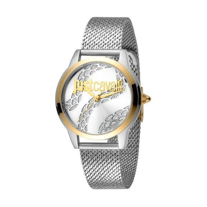 JUST CAVALLI TIME WATCHES Mod. JC1L050M0285 with a gold-accented silver watch face and metal band, elegant fashion accessory.