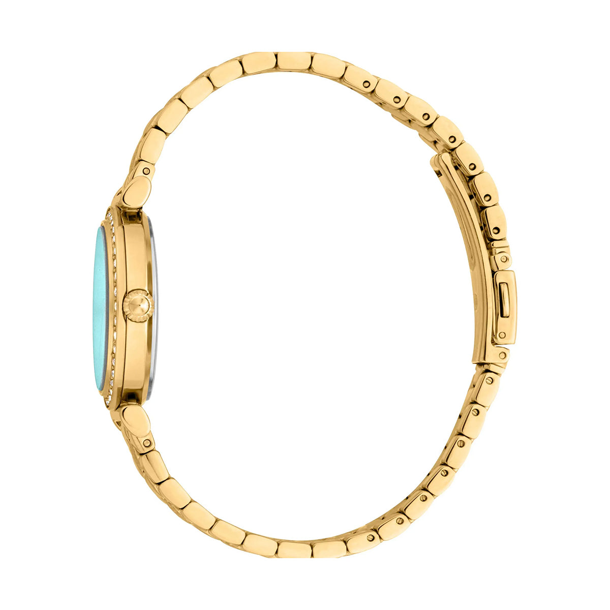 Side view of JUST CAVALLI TIME WATCHES Mod. JC1L273M0065, gold stainless steel strap, 30mm case, Seiko VJ20 movement, water resistant to 5 ATM.