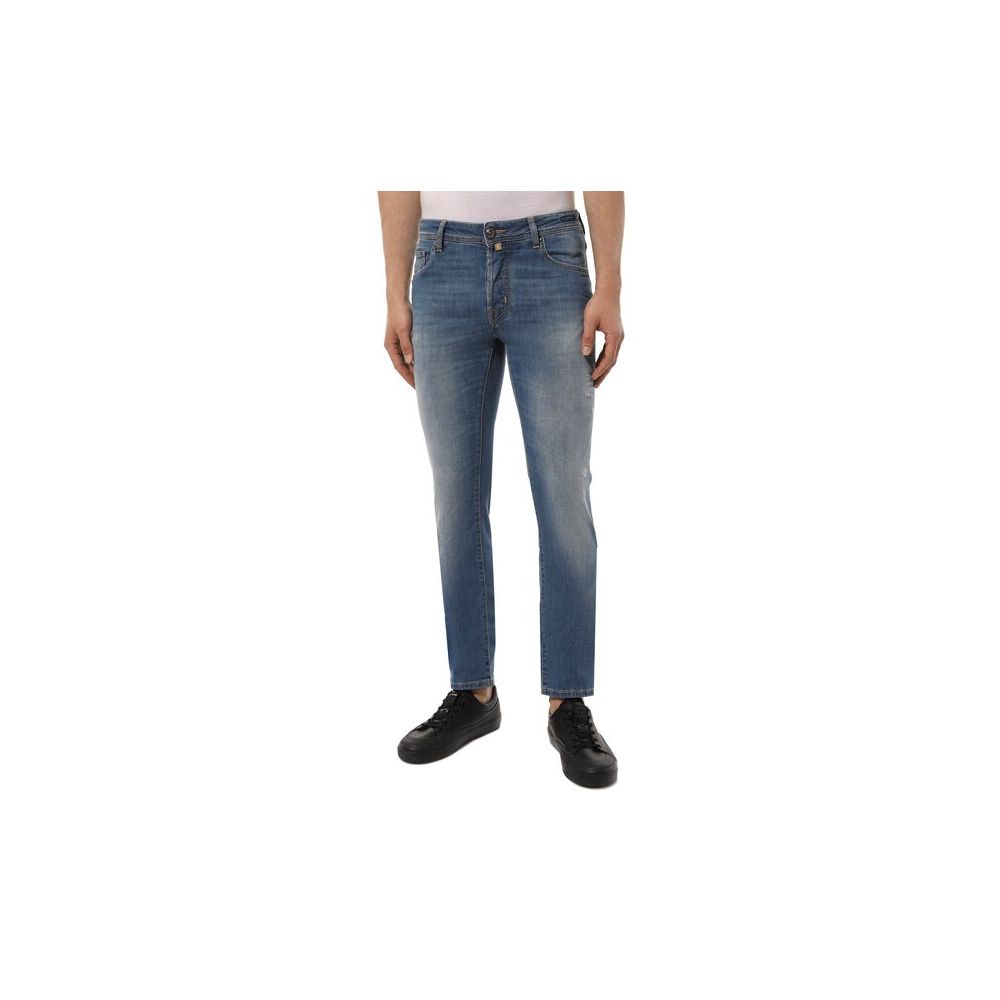 Jacob Cohen Blue Cotton Men Jeans with Stretch Fit and Embroidered Detail, showcasing Italian craftsmanship and urban style.