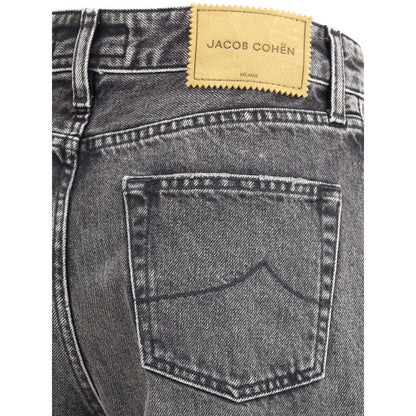 Close-up of Jacob Cohen Gray Cotton Relaxed Fit Jeans with back pocket and label, highlighting tailored details and sophisticated craftsmanship.