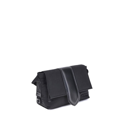 Jacquemus Black Nylon Handbag with leather handle and magnetic flap showcasing elegance and functionality.