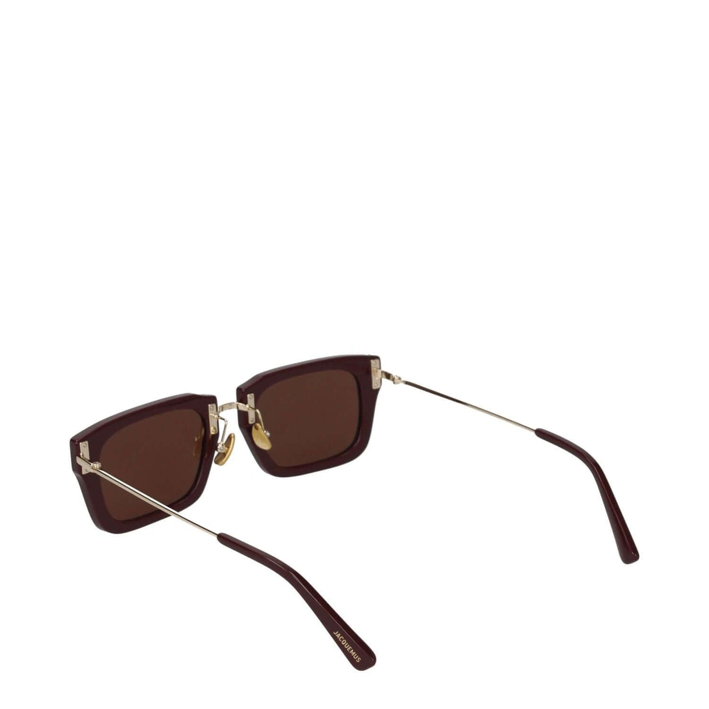 Jacquemus Brown Acetate Sunglasses with gold accents, featuring a square frame style and dark lenses, includes a protective case.