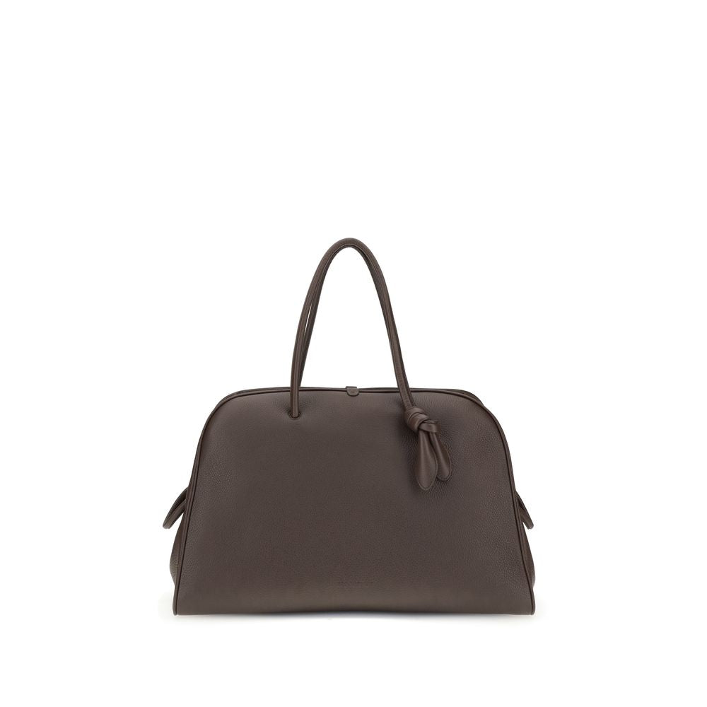 Jacquemus Brown Calf Leather Bos Taurus Handbag with bow detail and structured design, front view.