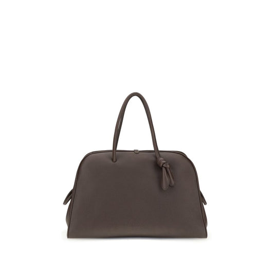 Jacquemus Brown Calf Leather Bos Taurus Handbag with bow detail and structured design, front view.