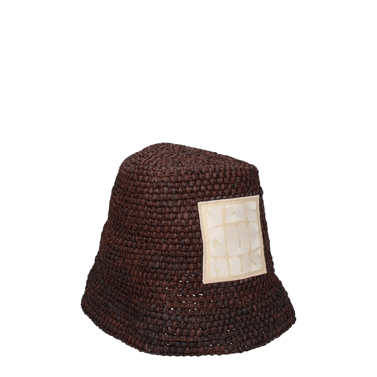 Jacquemus Brown Raffia Bucket Hat featuring front logo and casual design style.