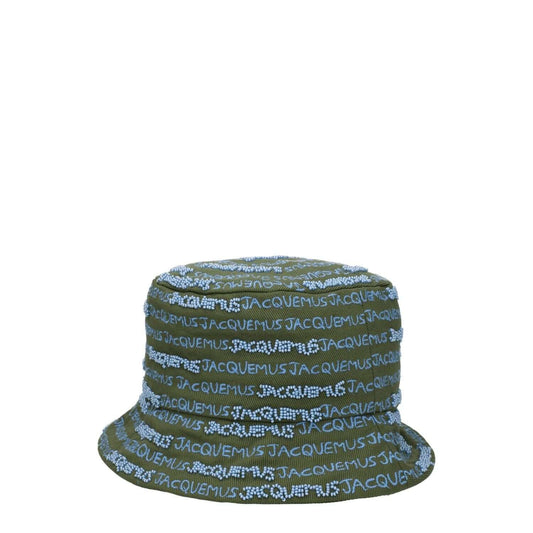 Jacquemus Green Cotton Bucket Hat with logo embellishments, casual style, in green and khaki tones, perfect for fashion-forward looks.