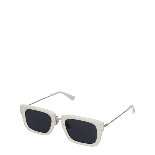 Jacquemus White Acetate Sunglasses with square frame, dark lenses, and silver steel accents, includes protective case.