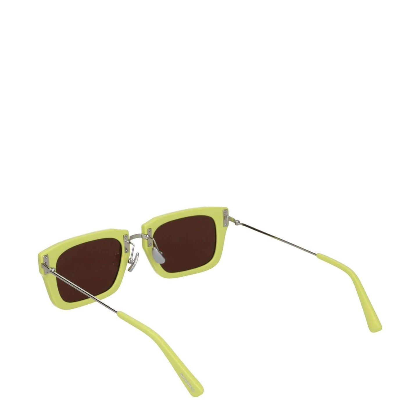 Jacquemus Yellow Acetate Sunglasses with square style and silver accents, featuring dark lenses and protective case included.