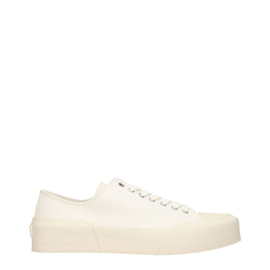 Jil Sander Beige Fabric Low Top Sneakers with lace-up closure, rubber sole, and mid heels, featuring a round toe and back logo.