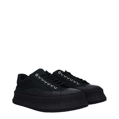 Jil Sander Black Fabric Platform Sneakers with rubber sole and lace-up closure, side view featuring round toe and mid heels.