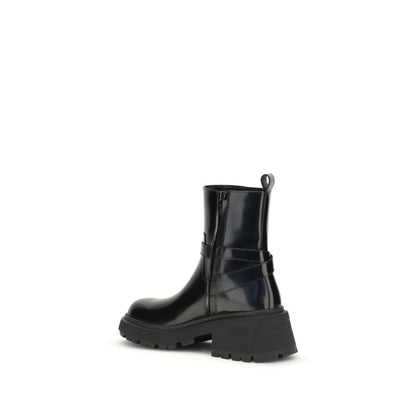 Jimmy Choo Black Calf Leather Bos Taurus Ankle Boots with lugged sole and adjustable buckle