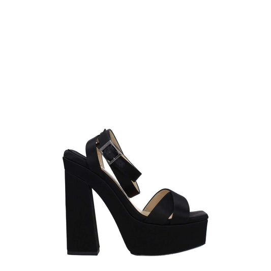 Jimmy Choo Black Satin Platform Sandals with buckle closure and high heel, featuring leather sole and open toe design.