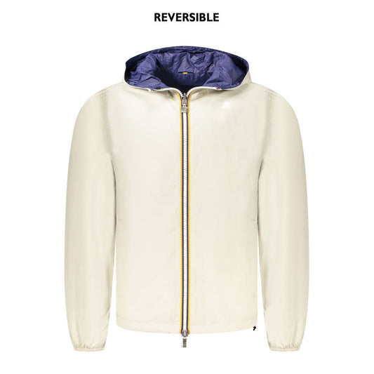 K-WAY Beige Nylon Men's Jacket reversible with blue lining, waterproof hood, and zip details on display.