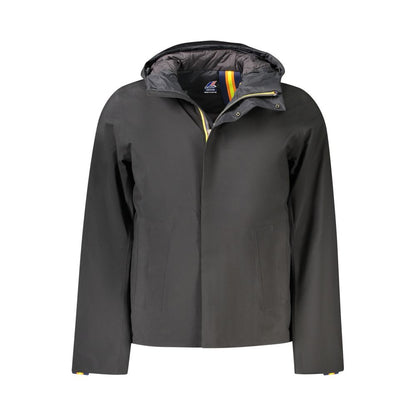 K-WAY Black Polyester Men Jacket with long sleeves and double padding for warmth, featuring both external and internal pockets.