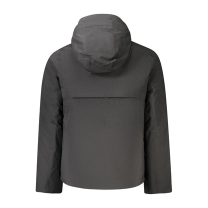 K-WAY Black Polyester Men Jacket with hood, back view showcasing luxury design and double padding for warmth and style.
