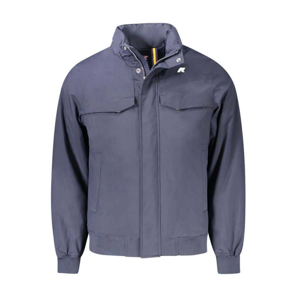K-WAY Blue Polyamide Men Jacket with removable hood and multiple pockets, showcasing style and functionality.