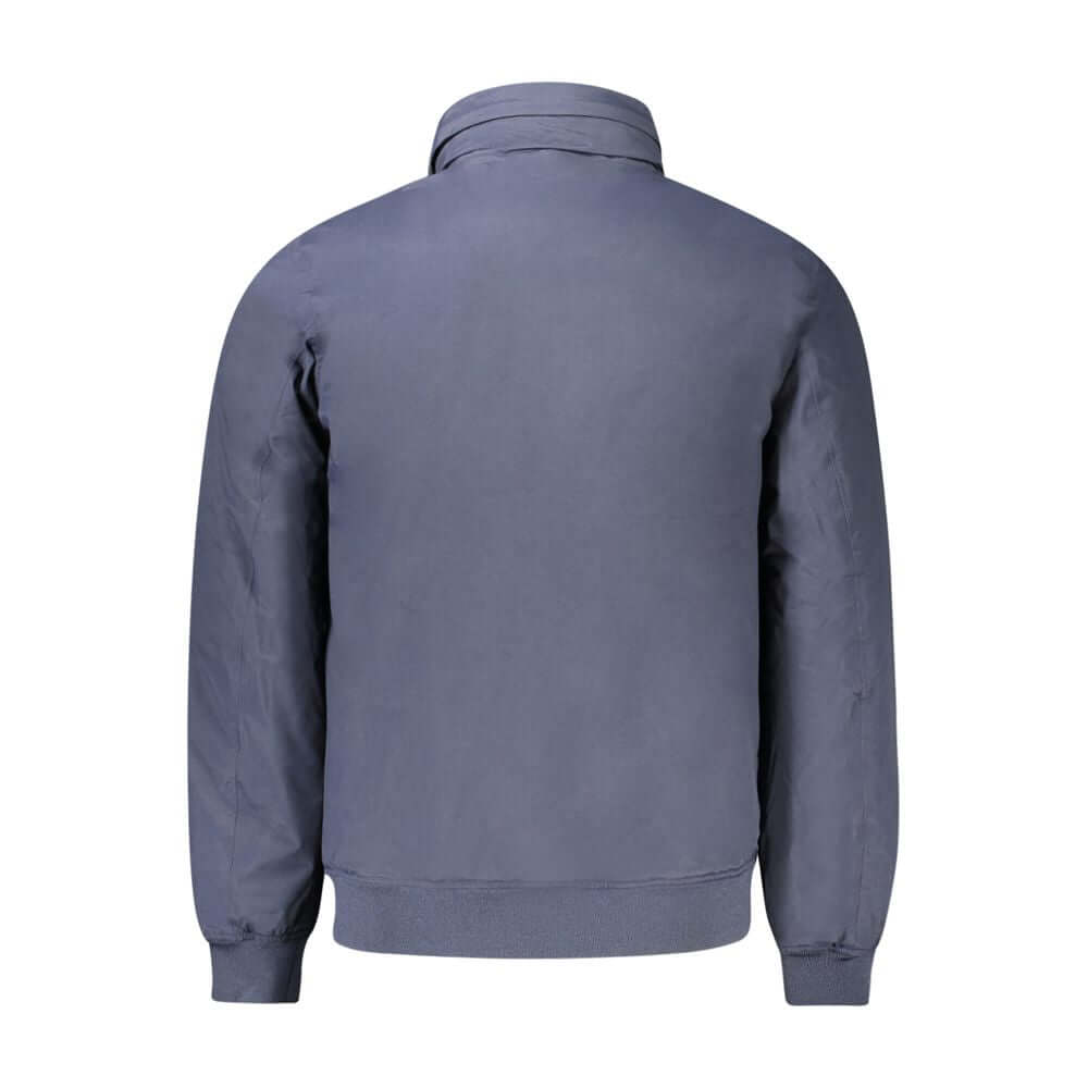 Back view of K-WAY Blue Polyamide Men Jacket with removable hood, showcasing long sleeves and tailored fit for versatile style.