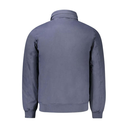 Back view of K-WAY Blue Polyamide Men Jacket with removable hood, showcasing long sleeves and tailored fit for versatile style.