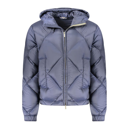 K-WAY Blue Polyester Men Jacket with hood and zip front for stylish functionality.
