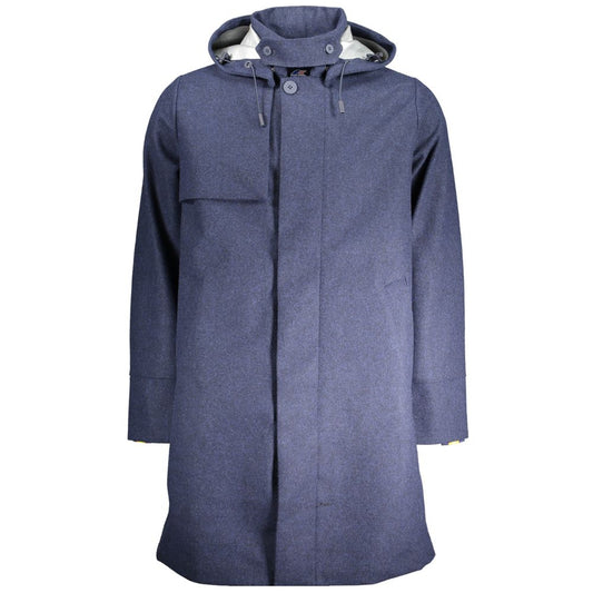K-WAY Blue Polyester Men's Jacket with removable hood and modern contrast details.