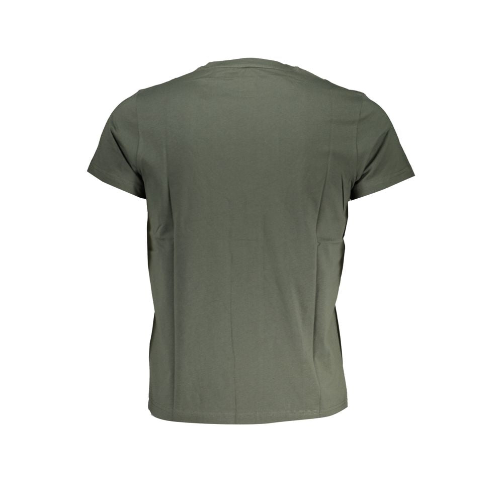 Back view of K-WAY Green Cotton T-Shirt, short sleeved crew neck with logo and print design