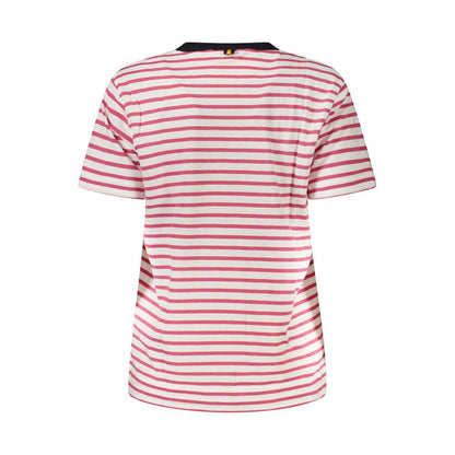 Back view of K-WAY Pink Cotton Women T-Shirt with stripes and iconic logo, showcasing casual elegance and playful style.