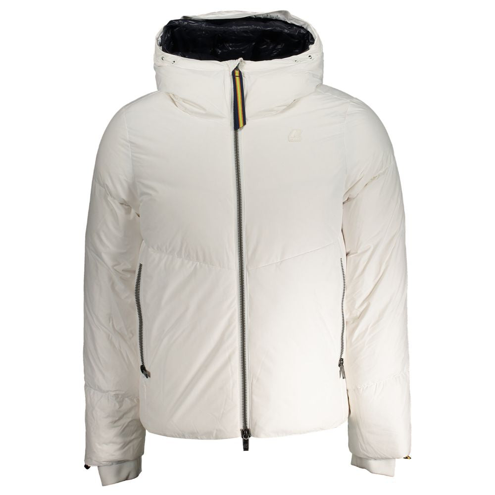 K-WAY White Polyester Men Jacket with branded details and practical pockets, perfect for stylish warmth and comfort.