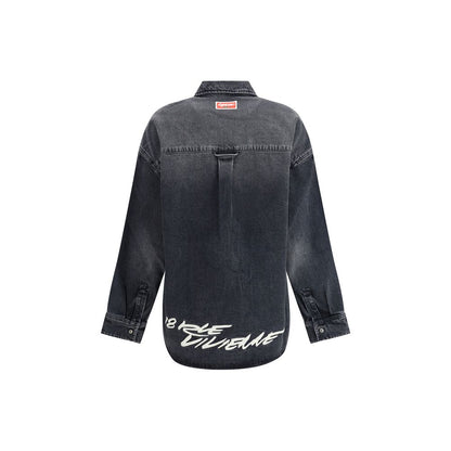 Back view of Kenzo Black Denim Shirt with stone bleach wash and Futura 2000 Boke Flower embroidery.