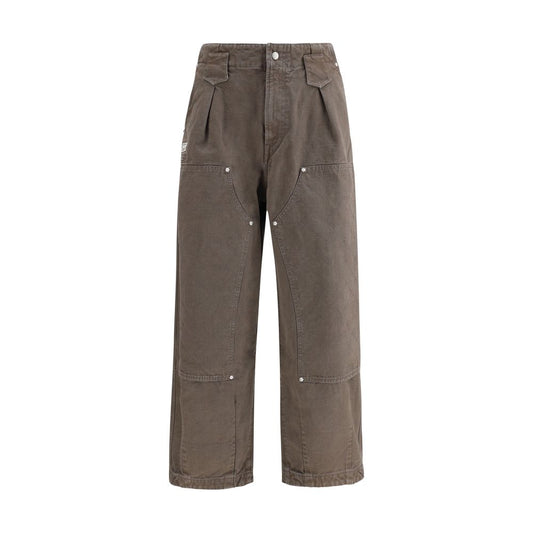 Kenzo Brown Cotton Casual Pants with double knee design and KENZO Weave stitching, featuring multiple pockets and a washed-effect look.